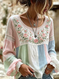 Camicetta da Donna in Lino con Ricami Floreali e Inserti in Pizzo | Blusa Bohémien a Maniche Lunghe con Ampio Scollo Rotondo