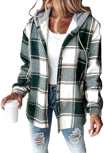 Giacca Camicia da Donna a Quadri Tartan con Cappuccio a Contrasto e Bottoni | Shacket Invernale Calda in Flanella Pettinata con Tasche