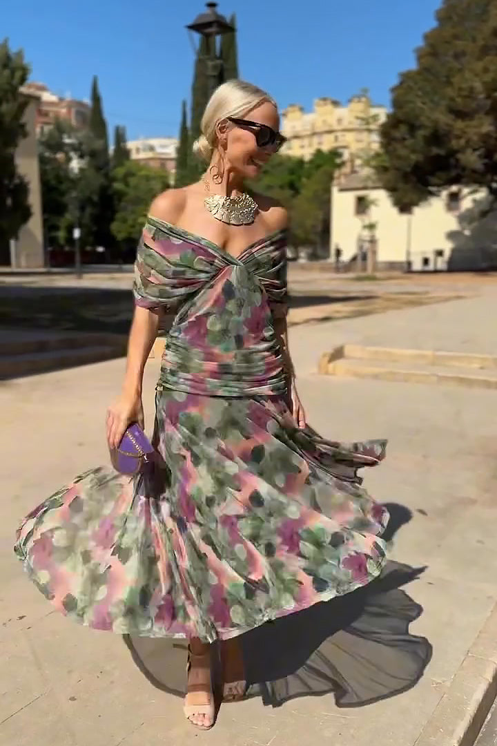 Abito Lungo Elegante da Donna con Scollo a V e Stampa Floreale Fantasy