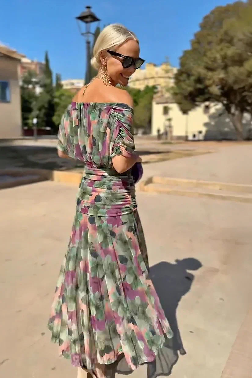 Abito Lungo Elegante da Donna con Scollo a V e Stampa Floreale Fantasy