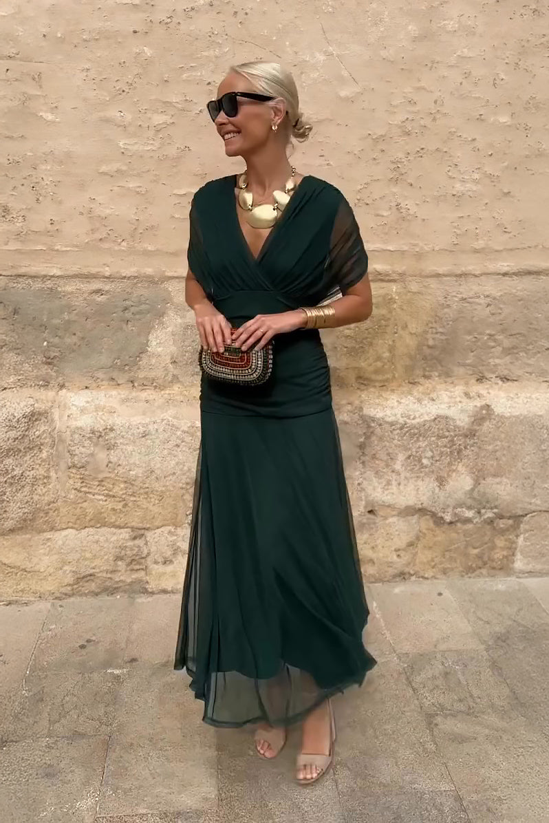 Abito Lungo Elegante da Donna con Scollo a V e Stampa Floreale Fantasy