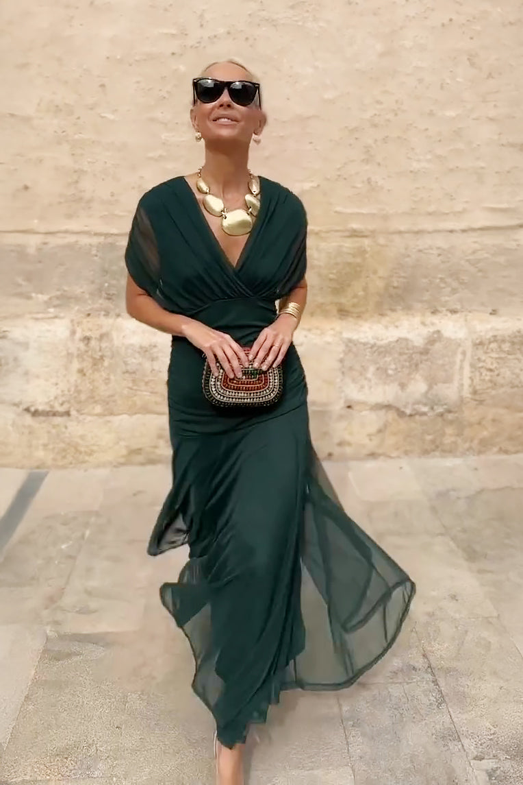 Abito Lungo Elegante da Donna con Scollo a V e Stampa Floreale Fantasy