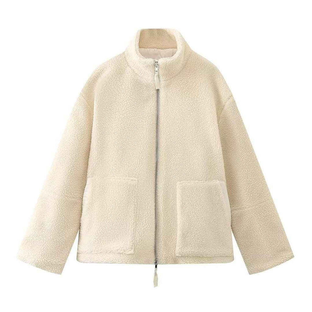 Giacca in Caldo Pile Teddy da Donna con Collo Alto e Zip a Doppio Cursore | Giubbotto Morbido Oversize con Spalle Scese e Grandi Tasche Anteriori