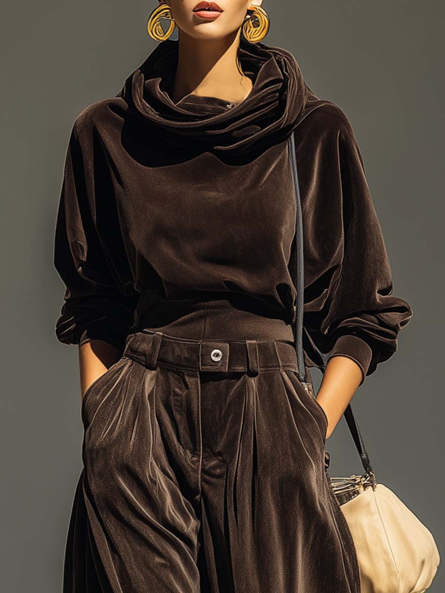 Completo Due Pezzi da Donna in Velluto con Felpa a Cappuccio Morbido e Pantaloni Ampi con Cintura | Tuta Elegante Loungewear