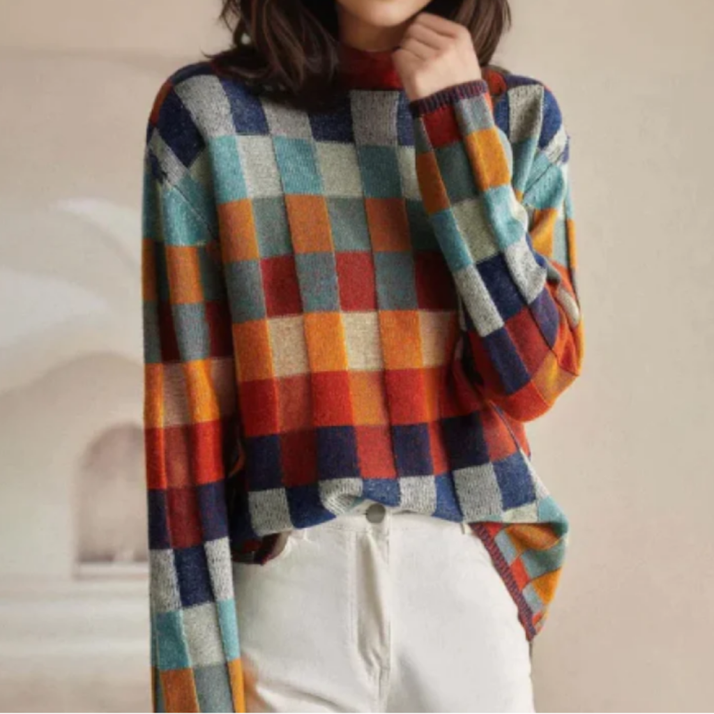 Maglione da Donna a Collo Rialzato con Motivo a Quadri Retro Color-Block | Pullover Invernale Caldo in Maglia Morbida a Scacchi