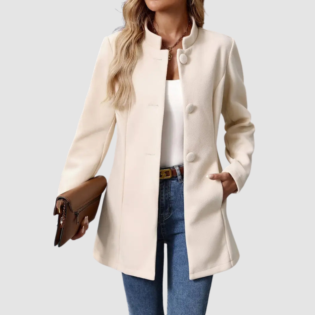 Giacca Sartoriale da Donna con Collo alla Coreana | Soprabito Elegante Monopetto con Bottoni Rivestiti