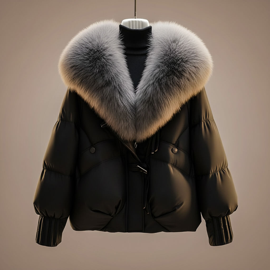 Cappotto corto elegante donna con collo in pelliccia sintetica