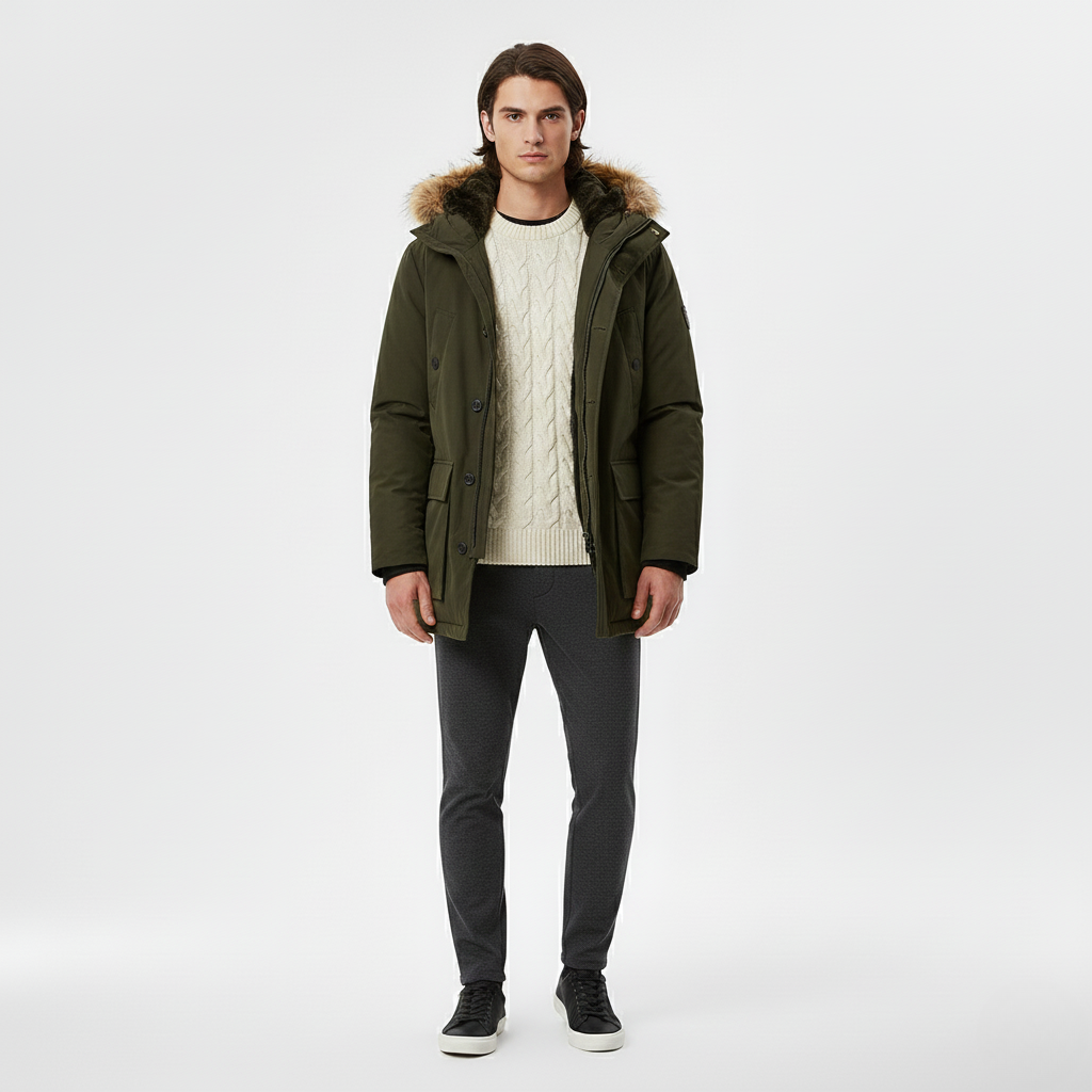 Parka con Cappuccio in Pelliccia Sintetica da Uomo