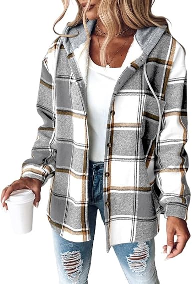 Giacca Camicia da Donna a Quadri Tartan con Cappuccio a Contrasto e Bottoni | Shacket Invernale Calda in Flanella Pettinata con Tasche