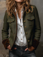 Blazer da Donna Vintage a Spina di Pesce con Finiture a Contrasto | Giacca Sartoriale Elegante con Revers e Tasche con Patta