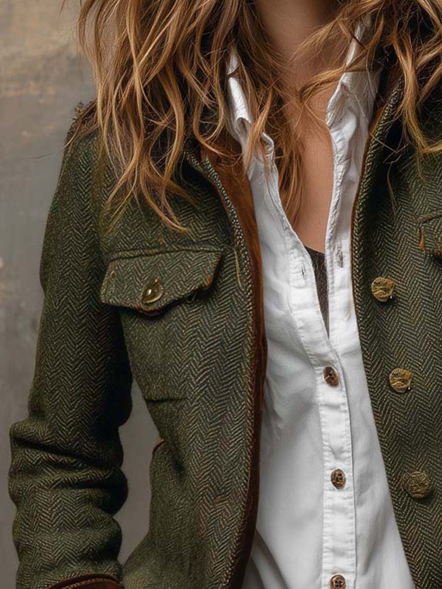 Blazer da Donna Vintage a Spina di Pesce con Finiture a Contrasto | Giacca Sartoriale Elegante con Revers e Tasche con Patta