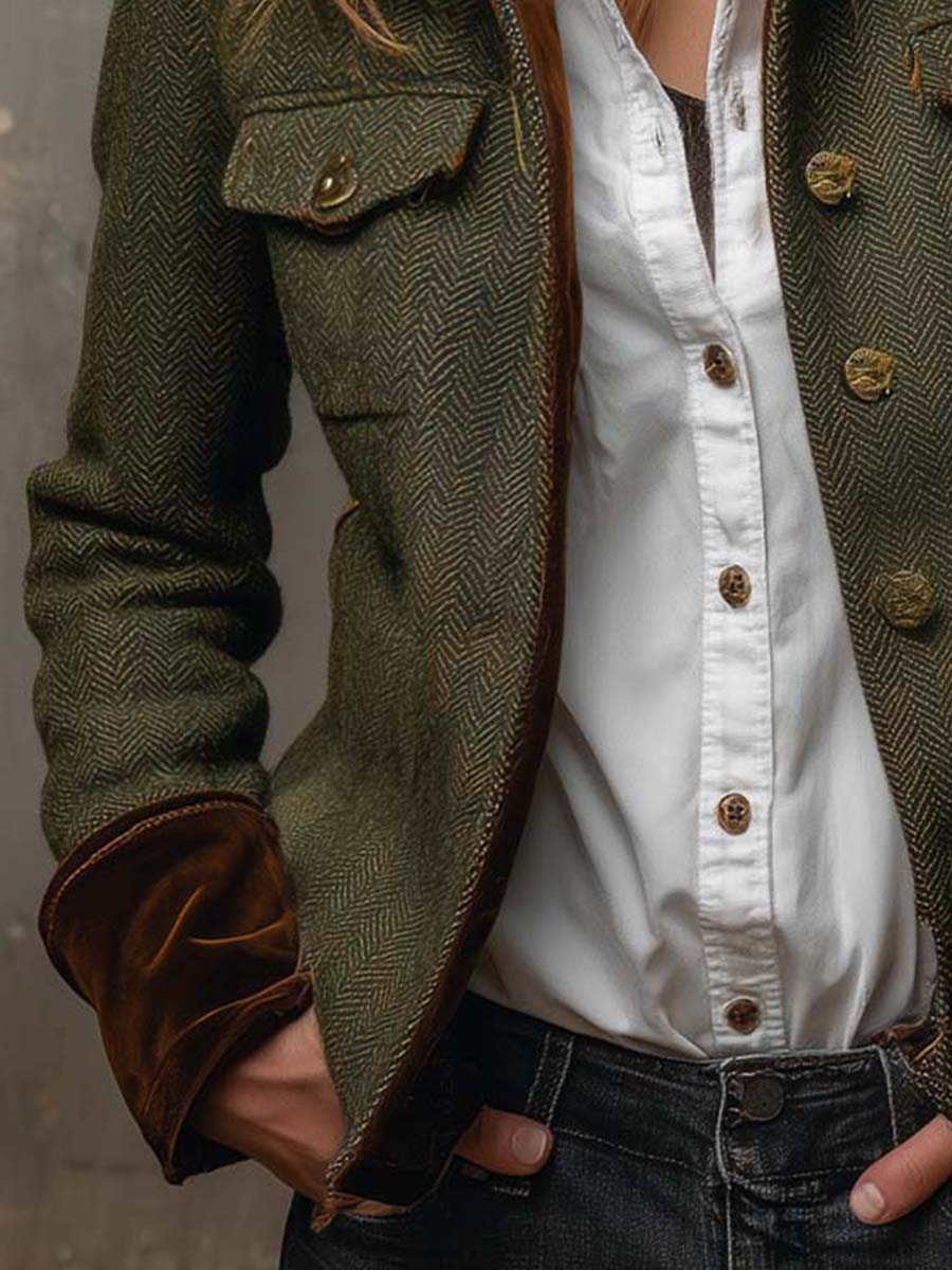 Blazer da Donna Vintage a Spina di Pesce con Finiture a Contrasto | Giacca Sartoriale Elegante con Revers e Tasche con Patta