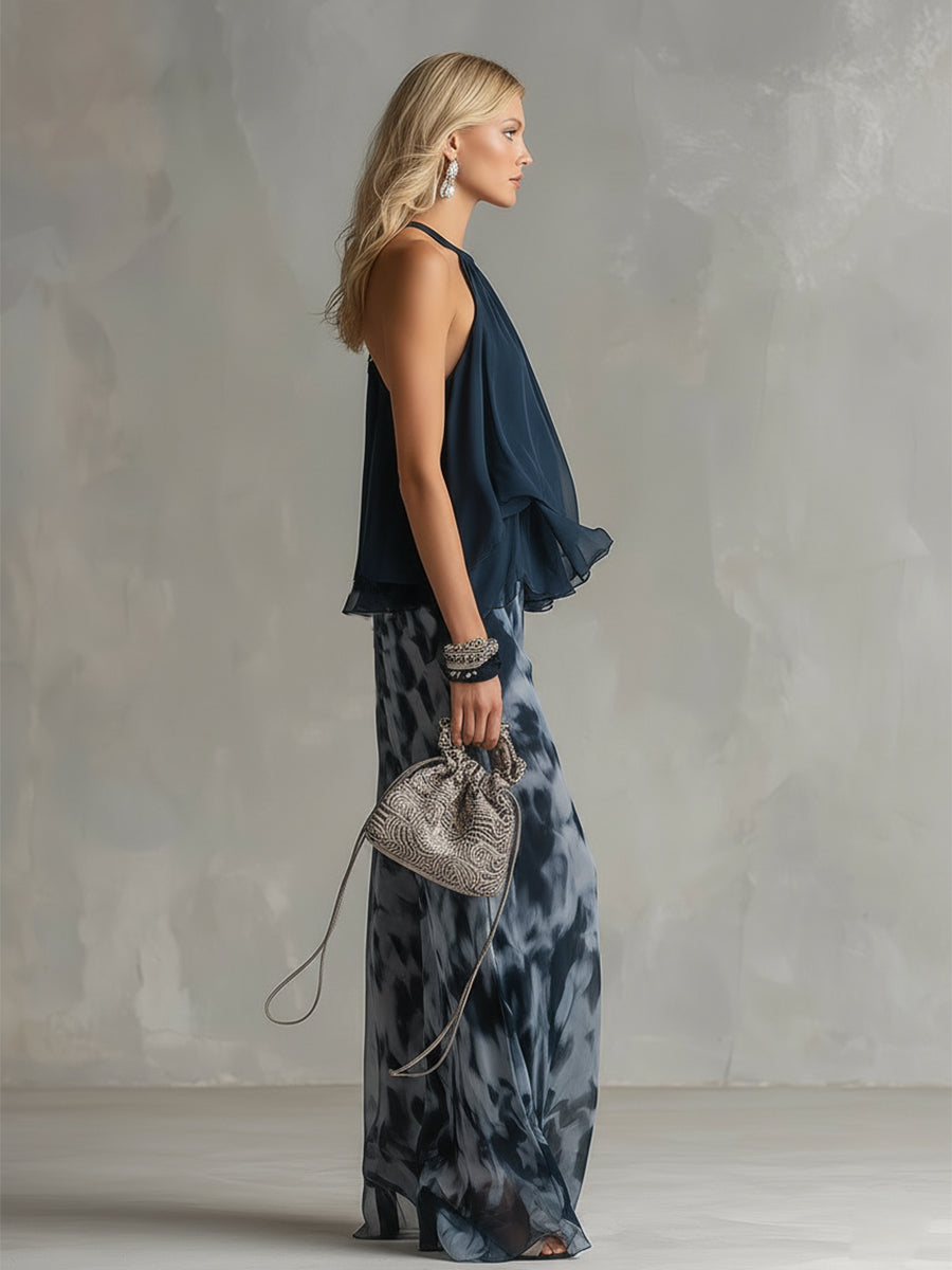 Completo Elegante in Chiffon da Donna a Due Pezzi | Top Collo Alto e Pantaloni Ampi Stampati