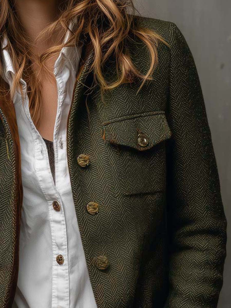 Blazer da Donna Vintage a Spina di Pesce con Finiture a Contrasto | Giacca Sartoriale Elegante con Revers e Tasche con Patta