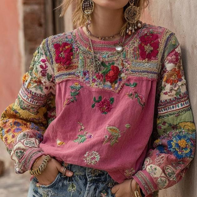 Maglione da Donna in Maglia Morbida con Patchwork Floreale Boho | Pullover Invernale Colorato con Ricami a Rilievo e Dettagli all'Uncinetto
