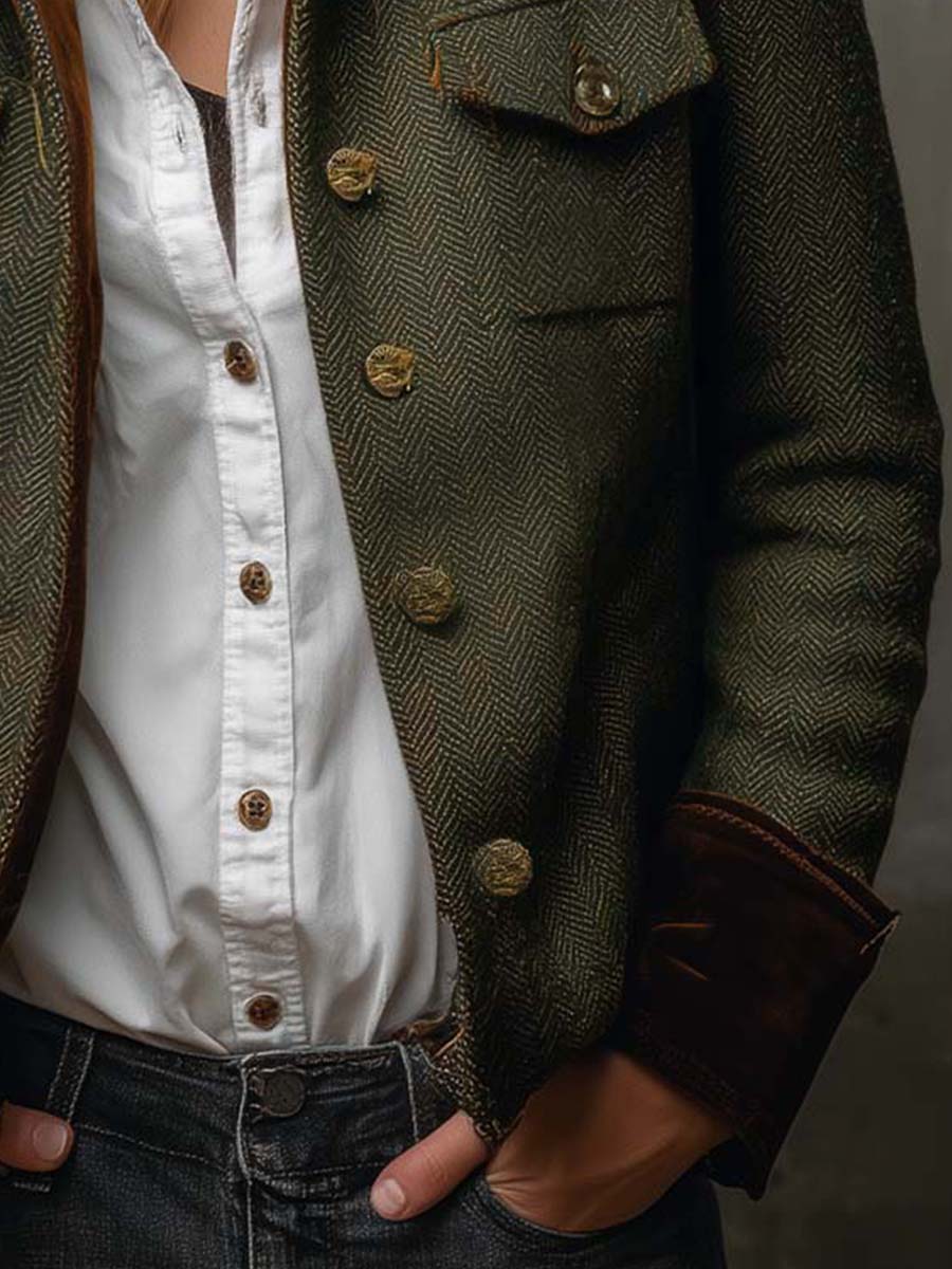 Blazer da Donna Vintage a Spina di Pesce con Finiture a Contrasto | Giacca Sartoriale Elegante con Revers e Tasche con Patta
