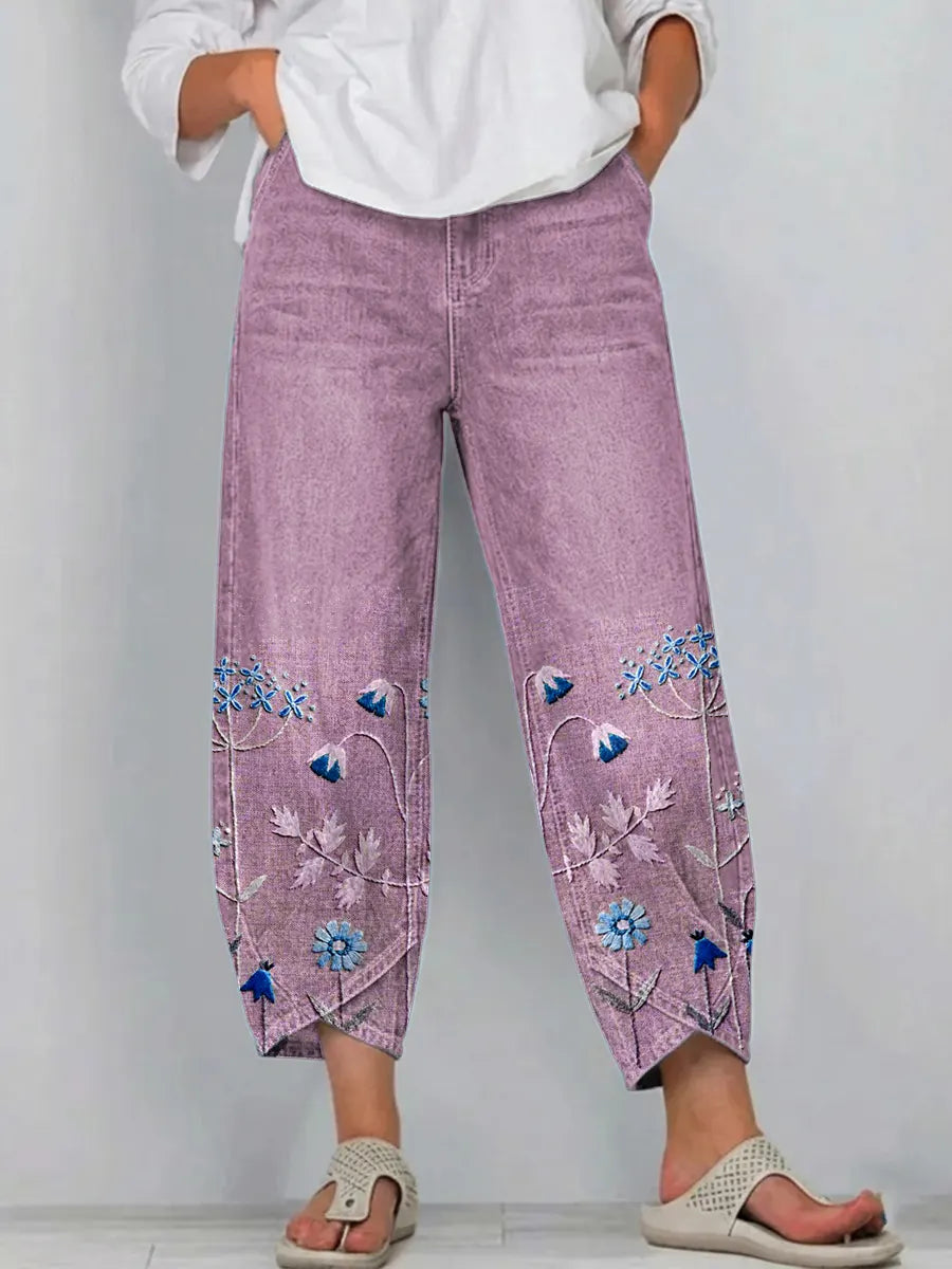 Jeans da Donna a Gamba Ampia con Ricami Floreali | Pantaloni in Denim Morbido alla Caviglia con Elastico in Vita e Tasche