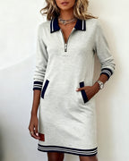 Abito Polo Sportivo a Maniche Lunghe con Mezza Zip da Donna – Vestito Casual in Felpa con Bordi a Righe e Tasche