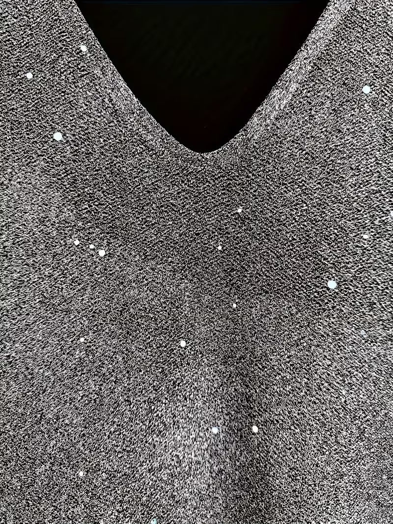 Abito Elegante Midi da Donna con Scollo a V e Lustrini Brillanti | Vestito da Sera Luccicante a Maniche Lunghe