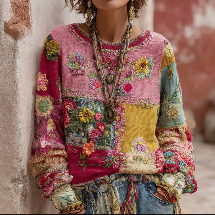 Maglione da Donna in Maglia Morbida con Patchwork Floreale Boho | Pullover Invernale Colorato con Ricami a Rilievo e Dettagli all'Uncinetto