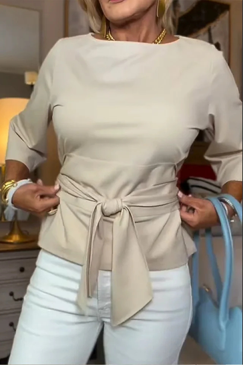 Maglia da Donna a Maniche a 3/4 con Nodo in Vita | Blusa Elegante Girocollo Sagomata con Cintura da Annodare