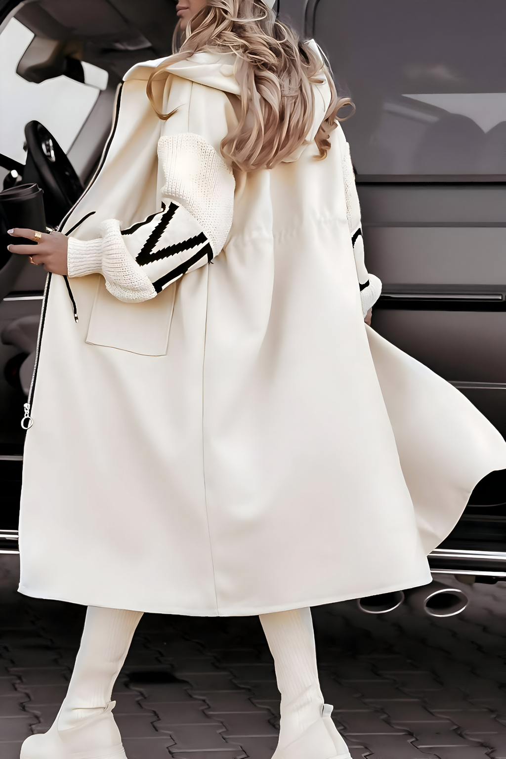 Cappotto Lungo Ibrido da Donna con Cappuccio e Zip | Giacca Invernale Calda con Maniche in Maglia Lavorata e Tasche