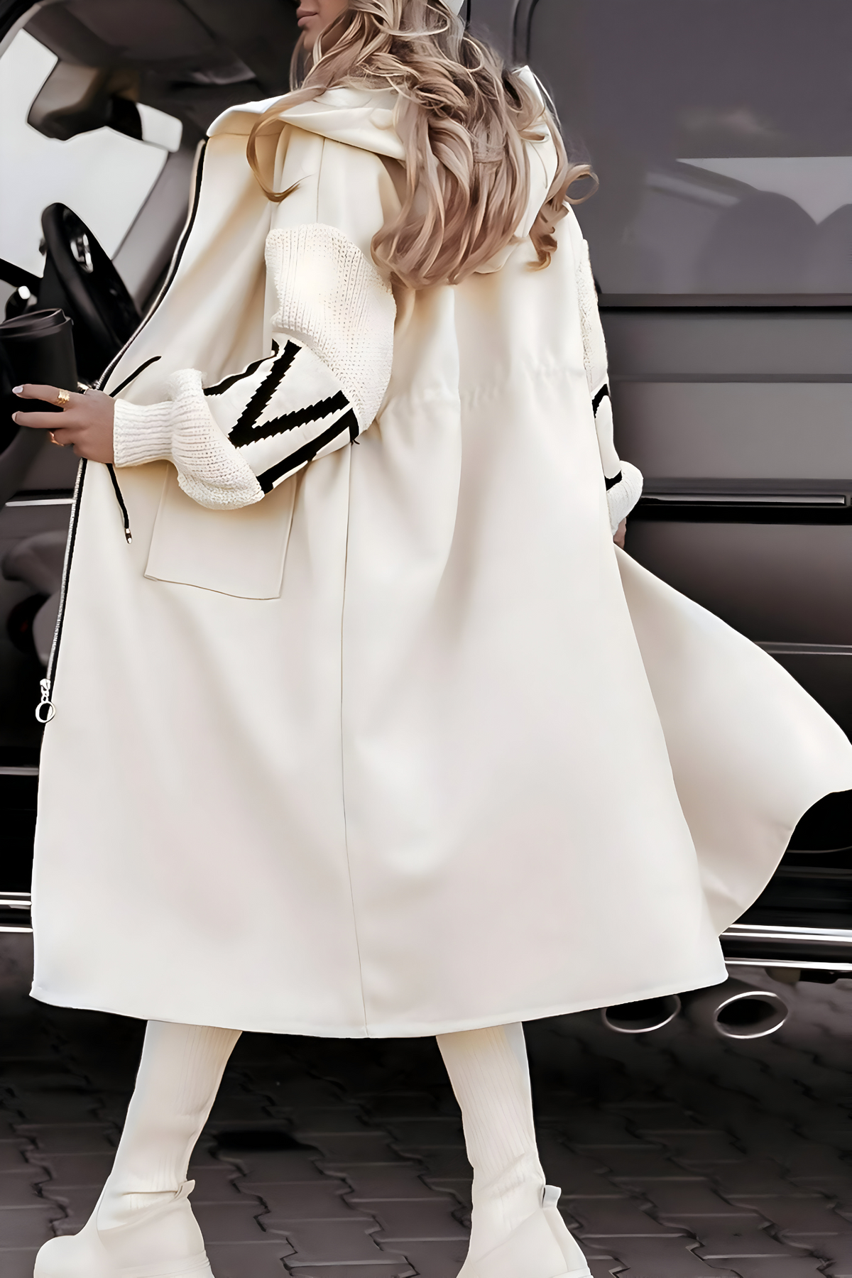 Cappotto Lungo Ibrido da Donna con Cappuccio e Zip | Giacca Invernale Calda con Maniche in Maglia Lavorata e Tasche