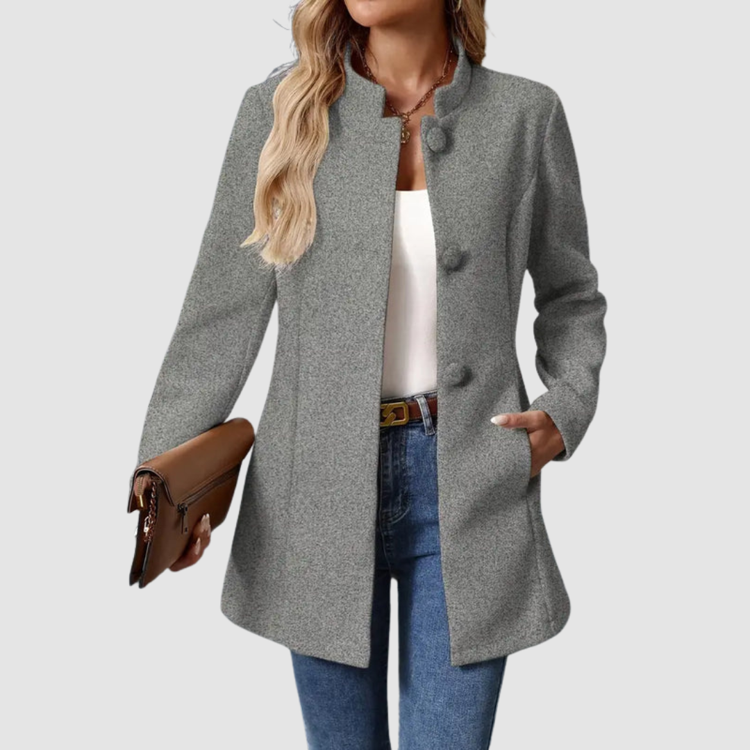 Giacca Sartoriale da Donna con Collo alla Coreana | Soprabito Elegante Monopetto con Bottoni Rivestiti