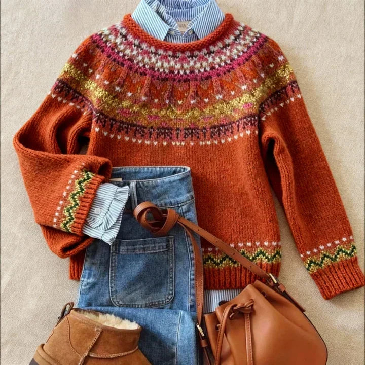 Maglione da Donna in Maglia Morbida con Motivo Nordico Vintage | Pullover Caldo Girocollo a Maniche Lunghe con Dettagli Jacquard