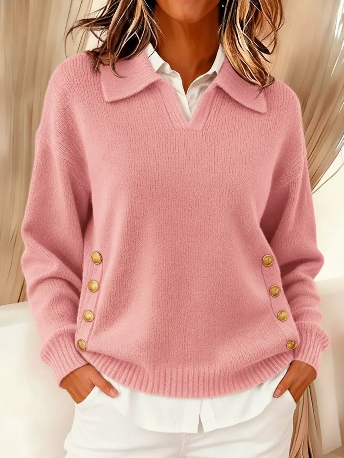Maglione da Donna con Scollo a V e Colletto Polo | Sweater Casual Morbido a Maniche Lunghe in Maglia Fine