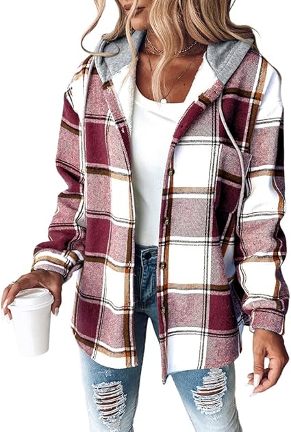 Giacca Camicia da Donna a Quadri Tartan con Cappuccio a Contrasto e Bottoni | Shacket Invernale Calda in Flanella Pettinata con Tasche