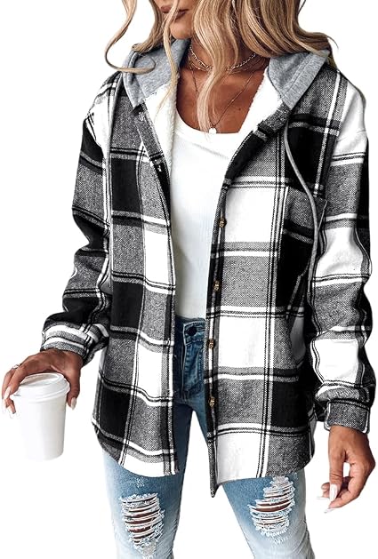 Giacca Camicia da Donna a Quadri Tartan con Cappuccio a Contrasto e Bottoni | Shacket Invernale Calda in Flanella Pettinata con Tasche
