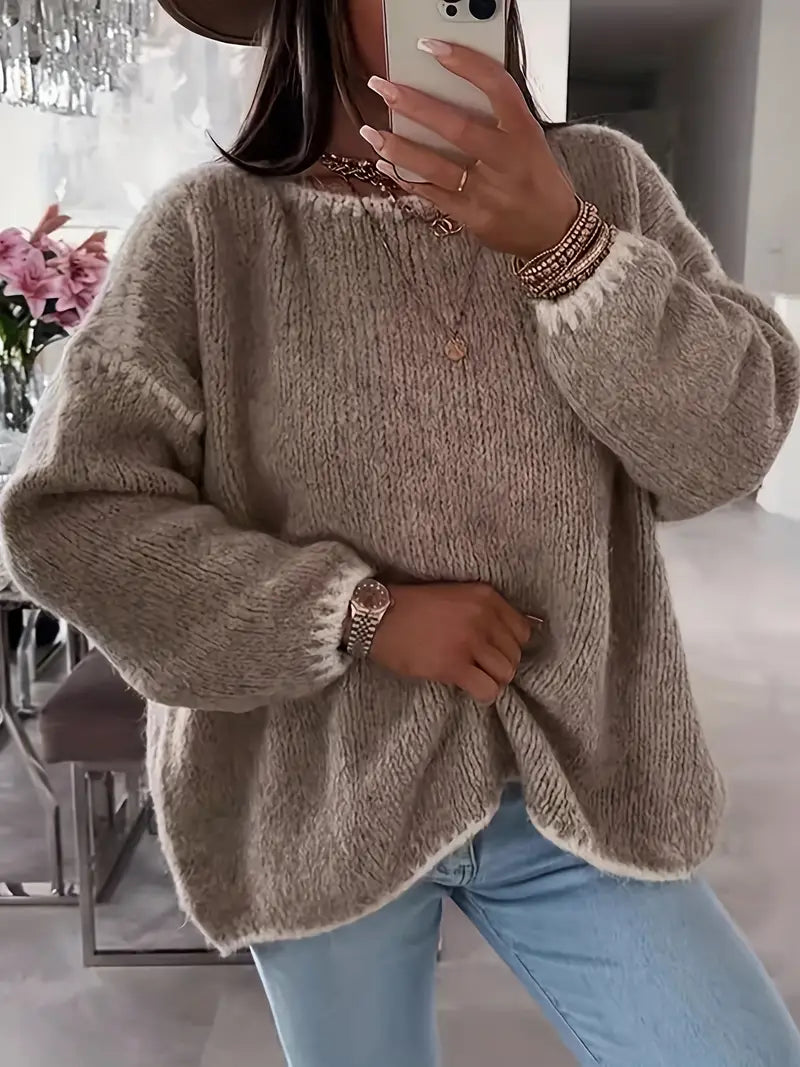 Maglione da Donna Girocollo in Maglia Morbida con Profili a Contrasto | Pullover Invernale Caldo a Spalla Scesa con Finiture Ricamate