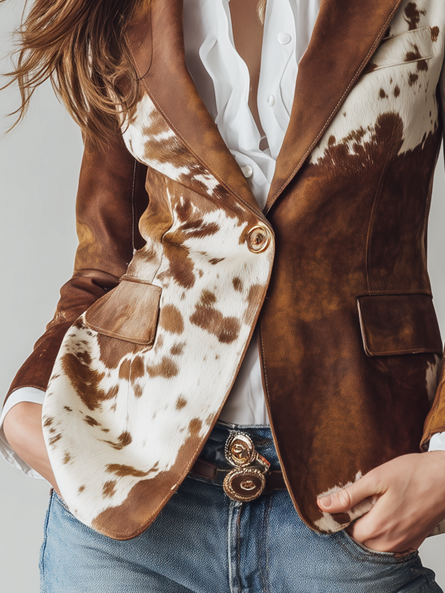 Blazer Sartoriale da Donna con Stampa Muccata Vintage | Giacca Monopetto Strutturata con Revers e Tasche con Pattina
