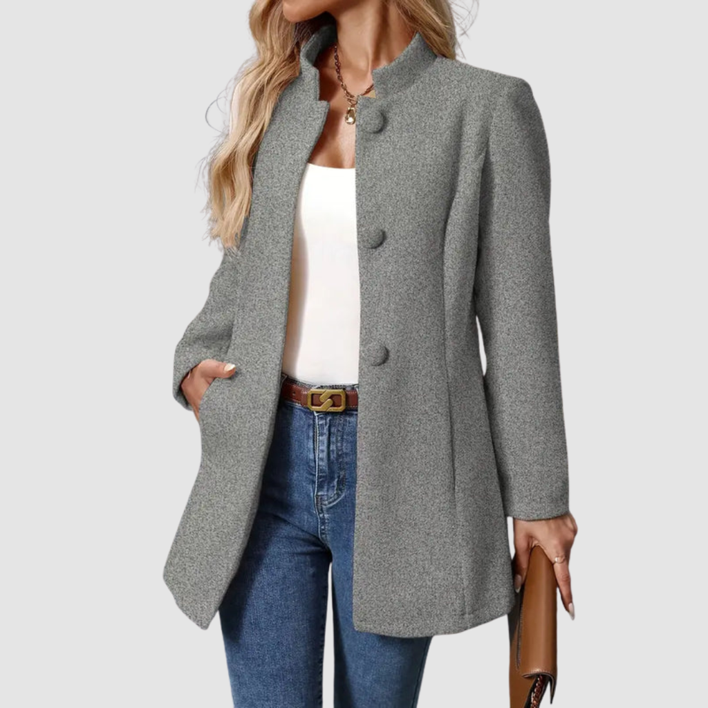 Giacca Sartoriale da Donna con Collo alla Coreana | Soprabito Elegante Monopetto con Bottoni Rivestiti