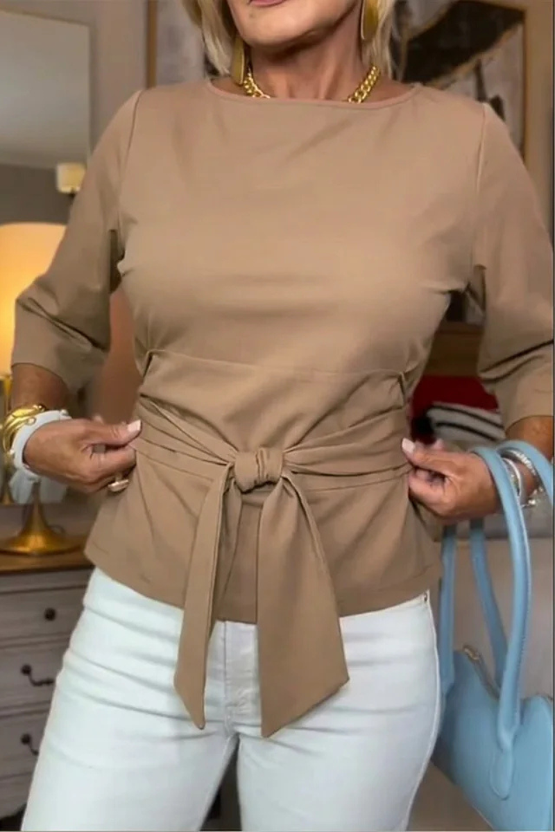 Maglia da Donna a Maniche a 3/4 con Nodo in Vita | Blusa Elegante Girocollo Sagomata con Cintura da Annodare