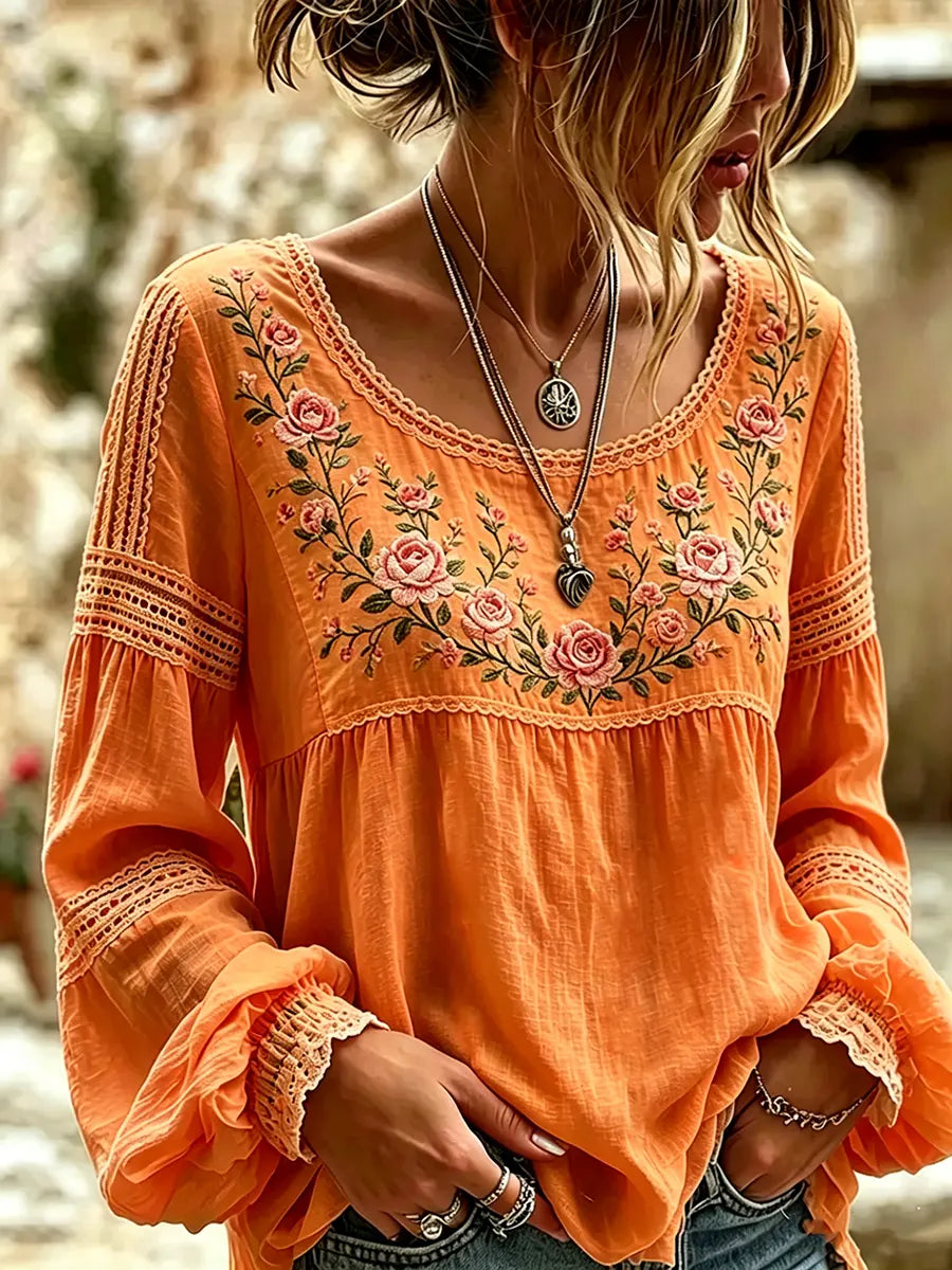 Camicetta da Donna in Lino con Ricami Floreali e Inserti in Pizzo | Blusa Bohémien a Maniche Lunghe con Ampio Scollo Rotondo