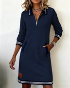 Abito Polo Sportivo a Maniche Lunghe con Mezza Zip da Donna – Vestito Casual in Felpa con Bordi a Righe e Tasche