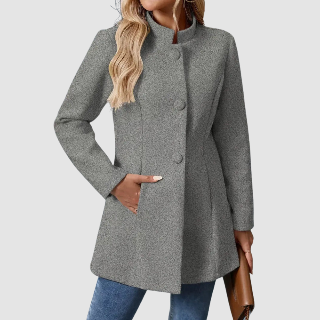 Giacca Sartoriale da Donna con Collo alla Coreana | Soprabito Elegante Monopetto con Bottoni Rivestiti