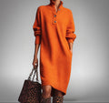 Abito Midi da Donna in Maglia Morbida con Colletto a Bottoni e Tasche | Vestito Casual Elegante a Maniche Lunghe