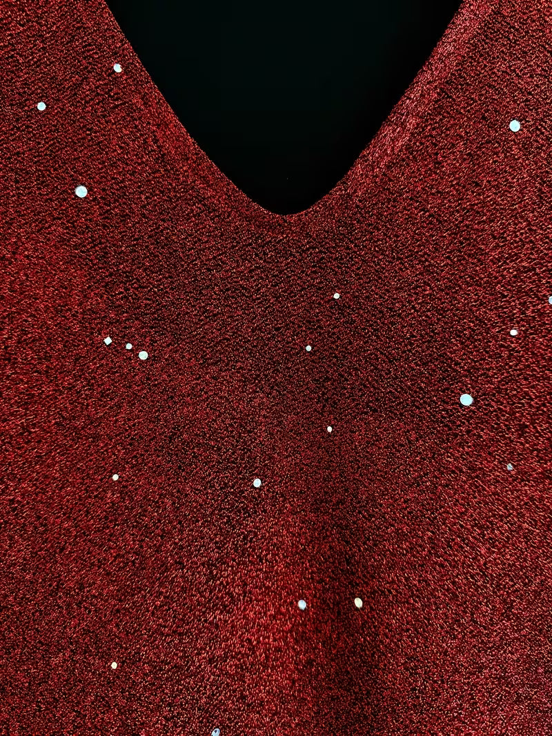 Abito Elegante Midi da Donna con Scollo a V e Lustrini Brillanti | Vestito da Sera Luccicante a Maniche Lunghe