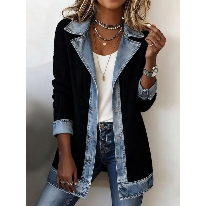 Giacca da Donna con Finiture a Contrasto in Denim | Blazer Casual Aperto sul Davanti con Revers e Profili a Pannelli