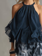 Completo Elegante in Chiffon da Donna a Due Pezzi | Top Collo Alto e Pantaloni Ampi Stampati