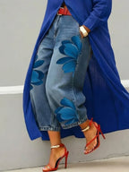 Completo da Donna Elegante con Vestito Chemisier Lungo e Jeans Floreali | Set Coordinato 2 Pezzi Spolverino in Lino e Denim a Gamba Dritta