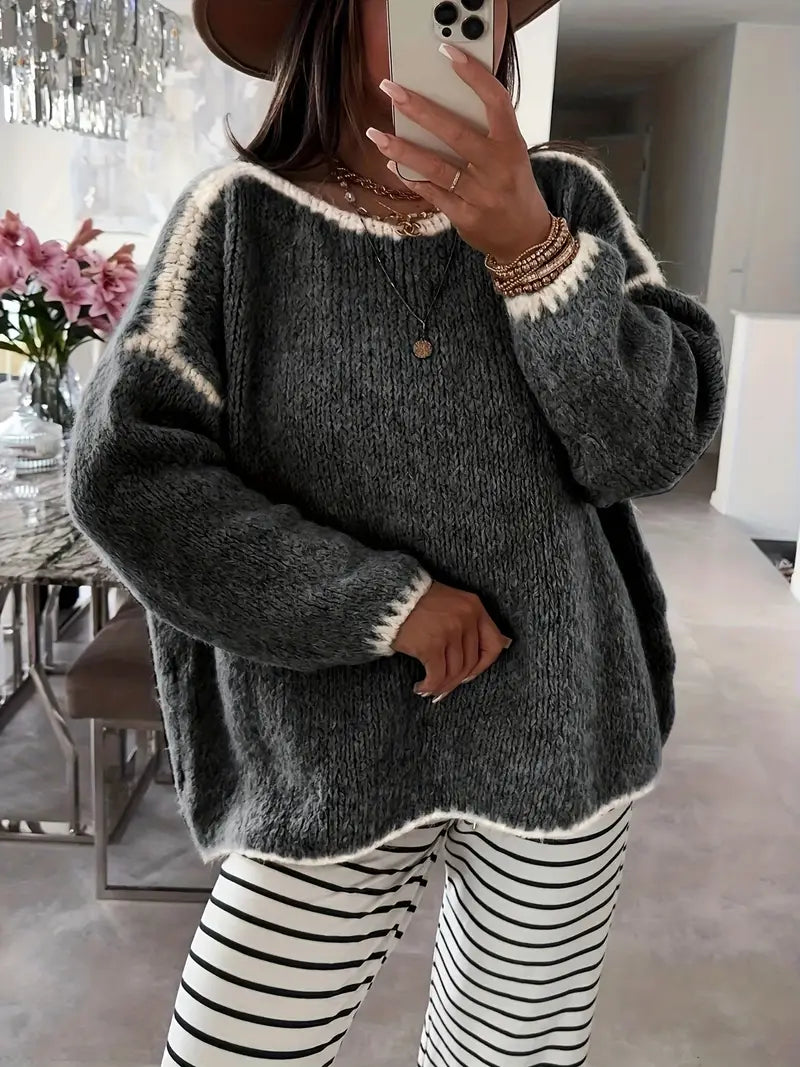 Maglione da Donna Girocollo in Maglia Morbida con Profili a Contrasto | Pullover Invernale Caldo a Spalla Scesa con Finiture Ricamate