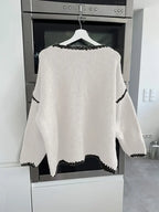 Maglione da Donna Girocollo in Maglia Morbida con Profili a Contrasto | Pullover Invernale Caldo a Spalla Scesa con Finiture Ricamate
