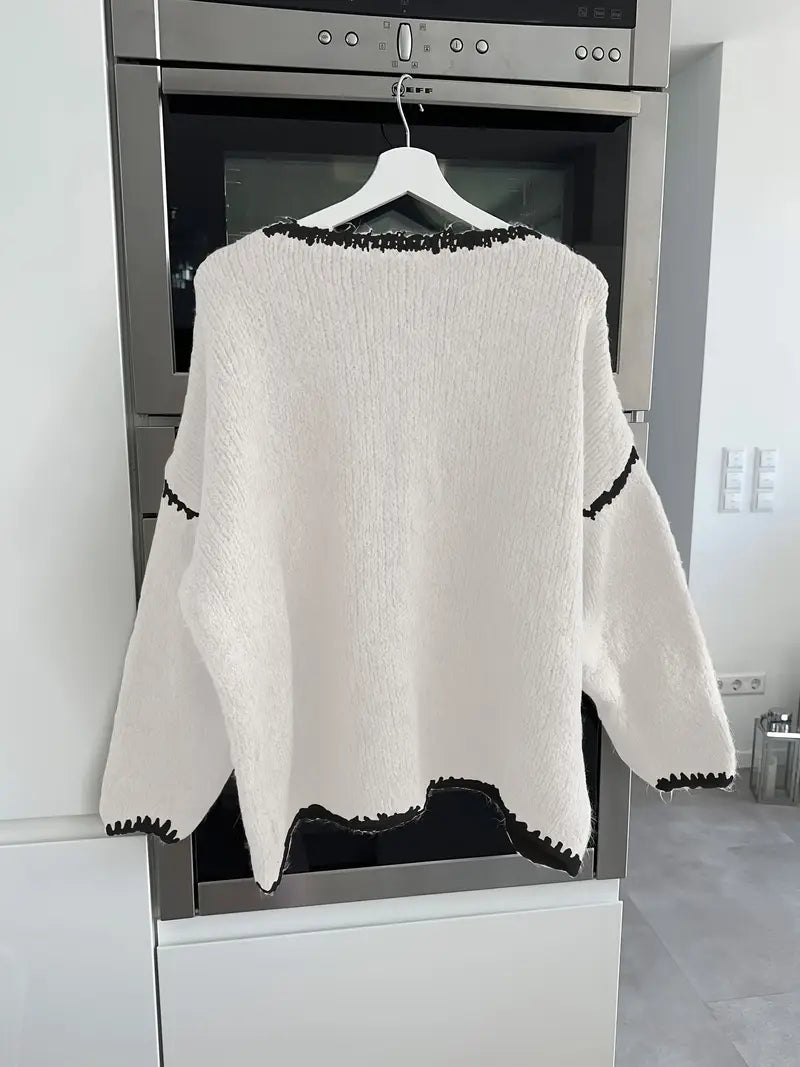 Maglione da Donna Girocollo in Maglia Morbida con Profili a Contrasto | Pullover Invernale Caldo a Spalla Scesa con Finiture Ricamate