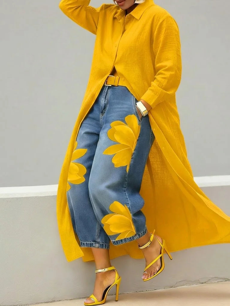 Completo da Donna Elegante con Vestito Chemisier Lungo e Jeans Floreali | Set Coordinato 2 Pezzi Spolverino in Lino e Denim a Gamba Dritta
