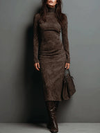 Abito Midi a Collo Alto da Donna in Simil Camoscio | Vestito a Tubino Elegante a Maniche Lunghe