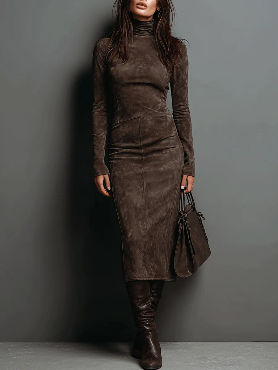 Abito Midi a Collo Alto da Donna in Simil Camoscio | Vestito a Tubino Elegante a Maniche Lunghe